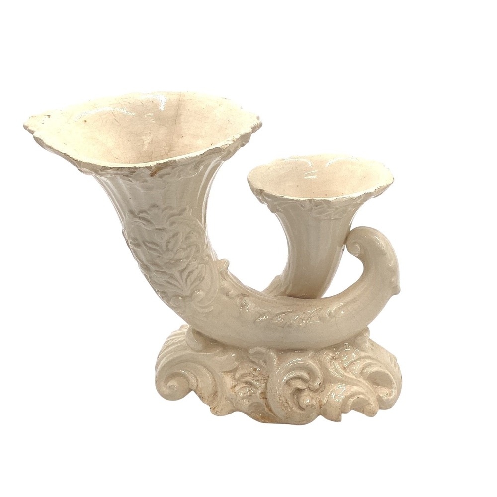 Vintage Italian Ceramic Double Cornucopia Vase Cream Ornate Floral‎ Scroll